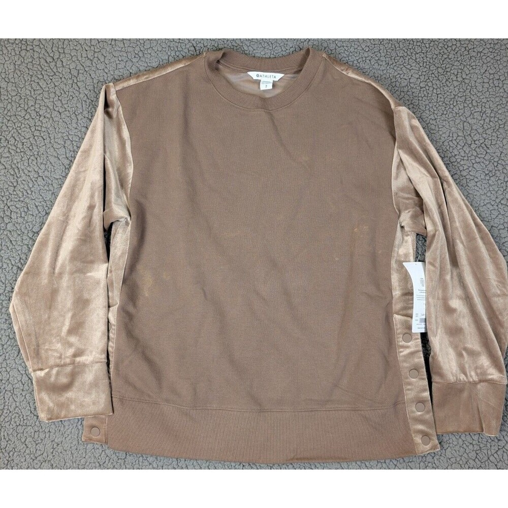 NWT ATHLETA Retroplush Velvet Crewneck Sweatshirt Side Snaps Brown Size Small
